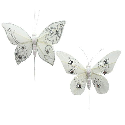 Floristik24 Péřový motýl s kamínky, třpyt bílý 10,5cm 4ks