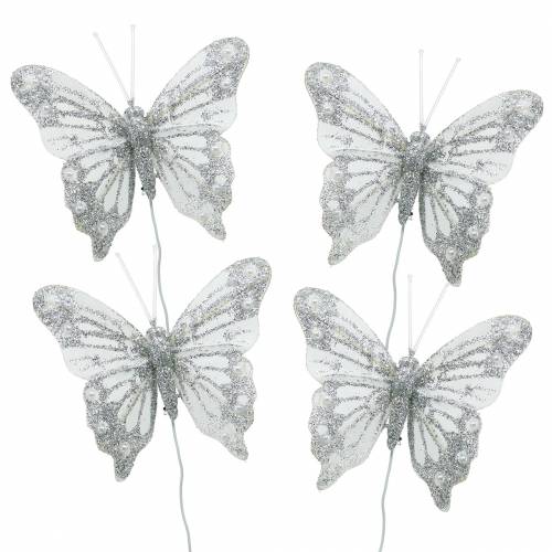 Floristik24 Peří motýl bílý se slídou 7,5cm 4ks