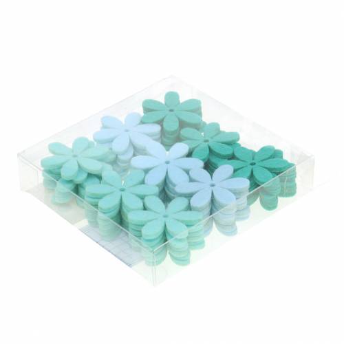 položky Plstěný květ zelený, světle modrý, mátově zelený sortiment 4,5cm 54p