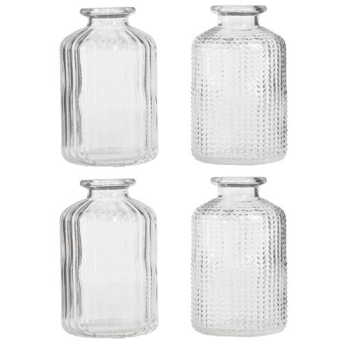 položky Skleněné mini vázy na lahve s retro dekorem, výška 9 cm, 4 ks