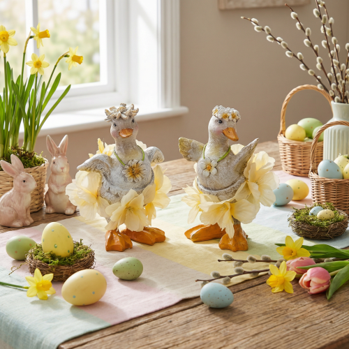 položky Dekorativní figurka kachny v květinových šatech, jaro, detailní letní dekorační doplněk, 11 cm, 2 kusy