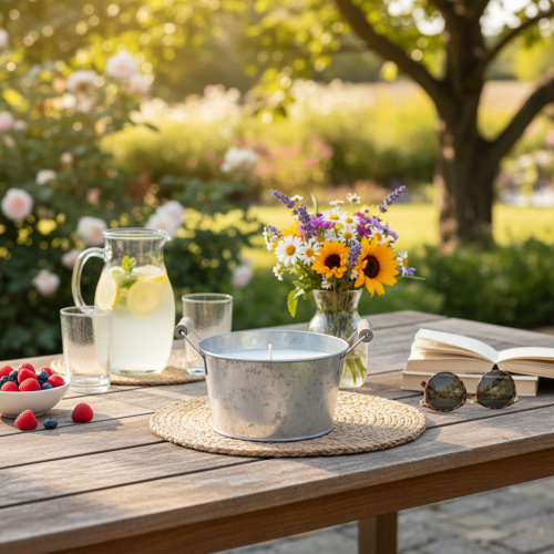 položky Svíčka v zinkovém kbelíku pro atmosférickou dekoraci na terasu a balkon 15 cm