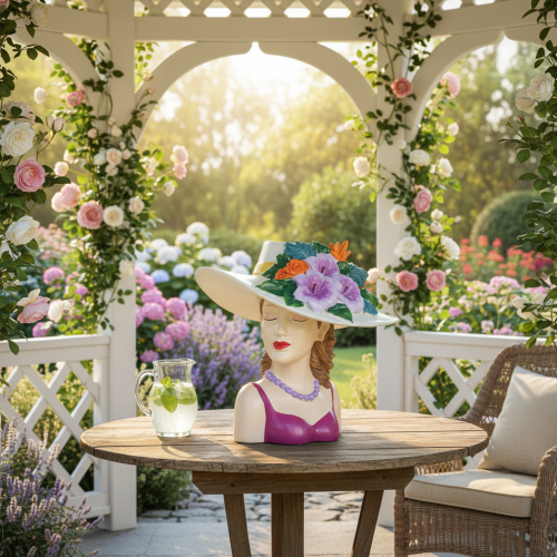 položky Váza s květinami, žena v klobouku, dekorace do květináče, pro vnitřní i venkovní použití, 20 cm