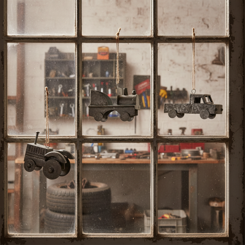 položky Dekorativní kovová auta k zavěšení ve vintage stylu, různé velikosti, 9-10 cm, 4 kusy