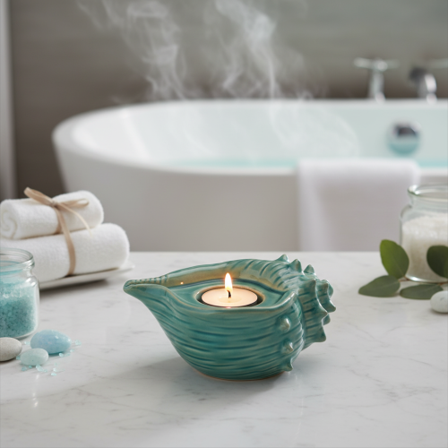 položky Držák na čajové svíčky s mořskou mušlí, dekorativní stolní svíčka, koupelna, obývací pokoj, 16 cm