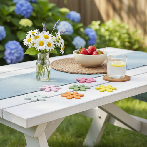 položky Bodová dekorace dřevěné květiny barevná stolní dekorace Ø3-4cm 48 ks