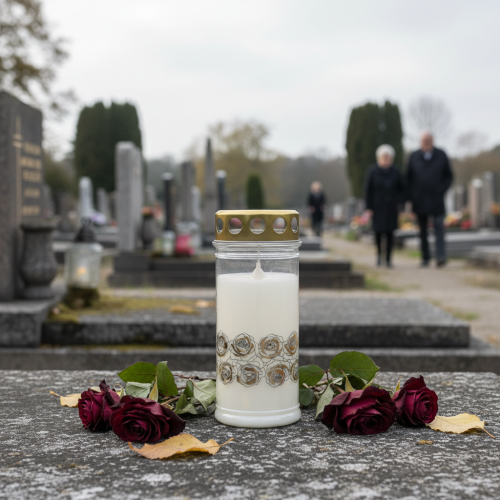 položky Náhrobní svíčka bílé růže zlaté smuteční světlo Ø7cm V18cm 77v