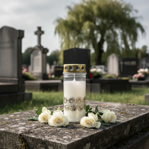 položky Náhrobní svíčka bílé růže zlaté smuteční světlo Ø7cm V18cm 77v