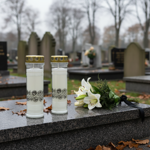 položky Náhrobní svíčky růže bílé smuteční světlo Ø7cm V23,5cm 100h 2ks