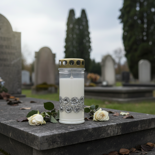 položky Náhrobní svíčka bílá růže stříbrné smuteční světlo Ø7cm V18cm 77v