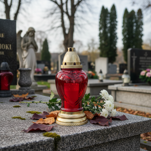 položky Skleněná lucerna na náhrobek ve tvaru srdce, červená, Ø10,5 cm, V25,5 cm