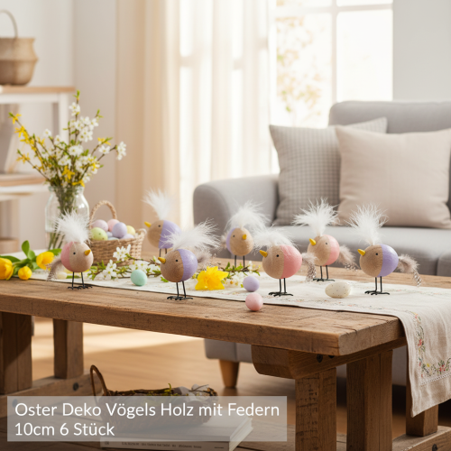 položky Dekorativní dřevěný ptáček s peřím a barevným tělem na dekoraci stolu, 10 cm, 6 kusů