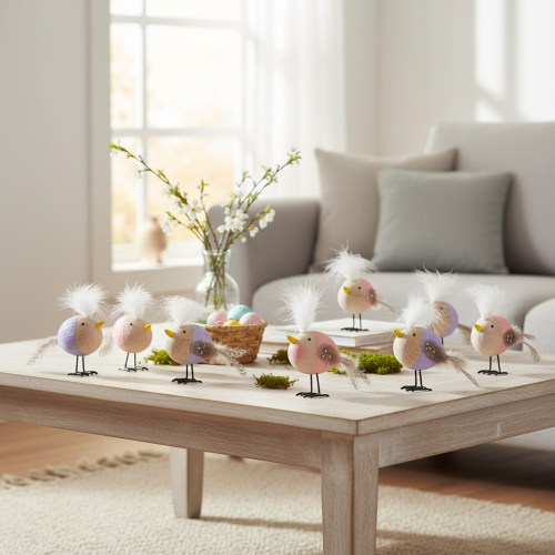 položky Dekorativní dřevěný ptáček s peřím a barevným tělem na dekoraci stolu, 10 cm, 6 kusů