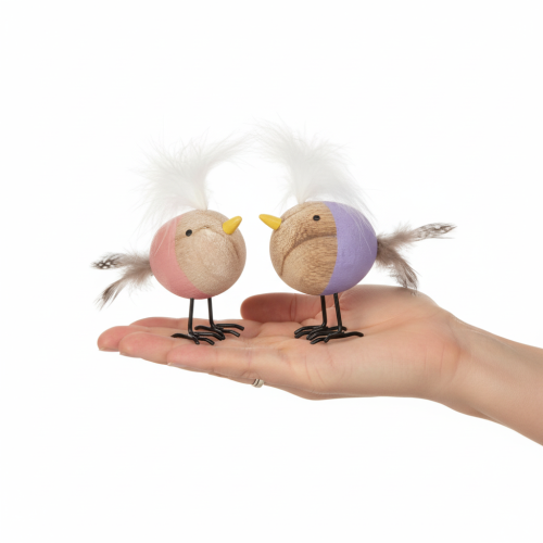 položky Dekorativní dřevěný ptáček s peřím a barevným tělem na dekoraci stolu, 10 cm, 6 kusů