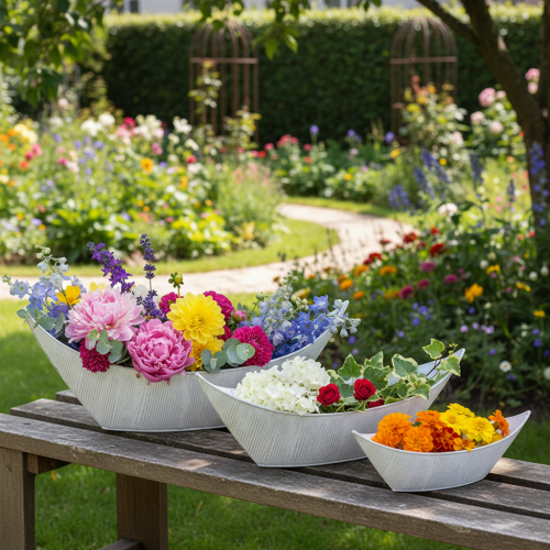 položky Květináč, ve tvaru lodičky, kov, bílá/stříbrná, 54,5/48/42 cm, sada 3 kusů