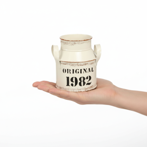 položky Kovový dekorativní džbán „Original 1982“ krémově rezavý, V16cm, 2 ks