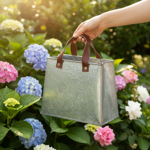 položky Dekorativní taška, stříbrná, bílá, hnědá, kovová, květináč, D22 cm, 2 kusy