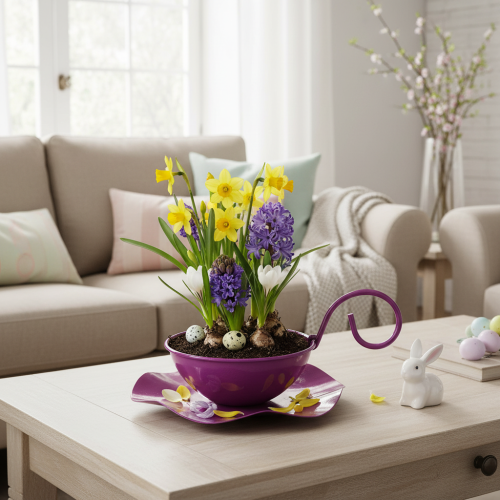 položky Dekorativní kovový čajový hrnek na podšálku, fialový, Ø11,5 cm, V8 cm, 2 kusy