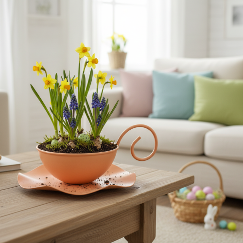 položky Kovový dekorativní hrnek, oranžový, Ø11,5 cm, V6 cm, s podšálkem, 2 kusy