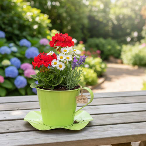 položky Dekorativní kovový čajový hrnek s talířem světle zelený Ø12 V10cm 8 ks