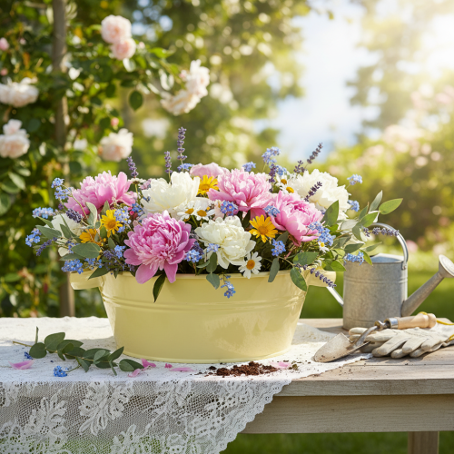 položky Dekorativní kovová miska, zelenožlutá, květinová miska s uchem, Ø33,5 cm