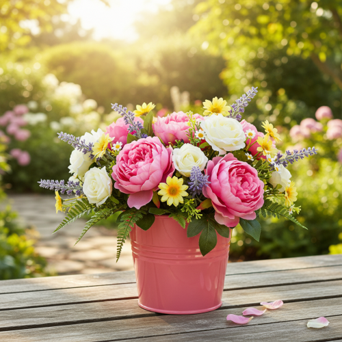 položky Kovový květináč s růžovou rukojetí 16x17,5x16cm 2 ks