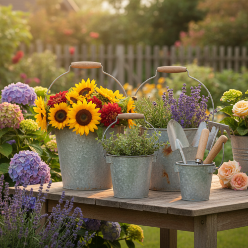 položky Dekorativní kbelík kovový rezavý vintage Ø15/17,5/22cm sada 3 kusů