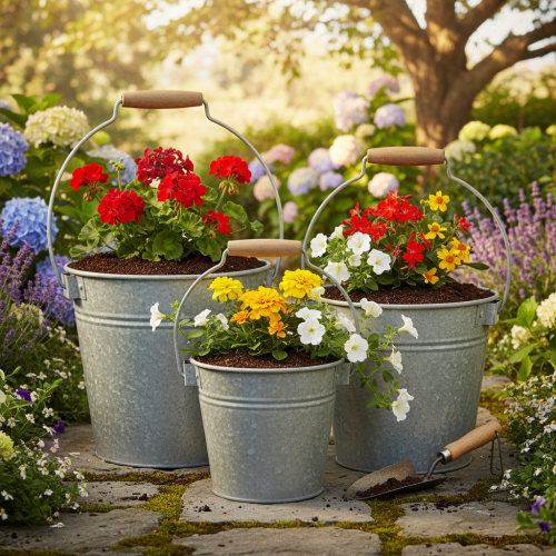 položky Dekorativní kbelík kovový rezavý vintage Ø15/17,5/22cm sada 3 kusů