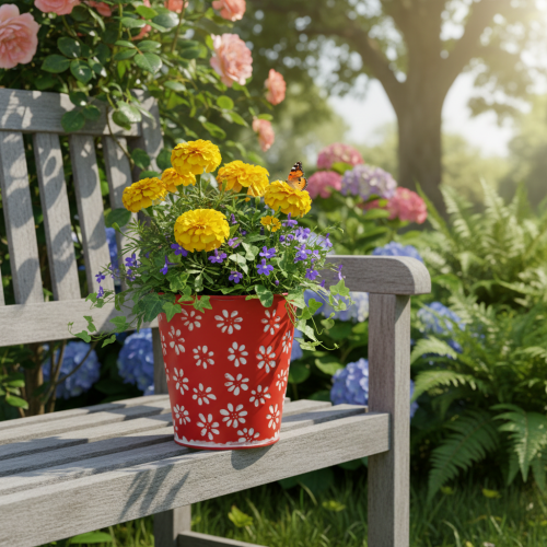 položky Červenobílý květináč s květinami, kov, Ø12,5 cm V11,5 cm