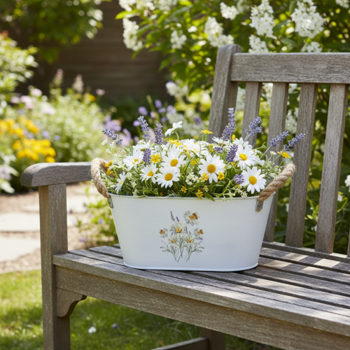 položky Dekorativní oválná kovová miska, bílá s přírodním květinovým dekorem, D26 cm
