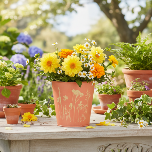 položky Květináč s květinovou výzdobou, meruňkově žlutý, Ø10,5 cm V10,5 cm