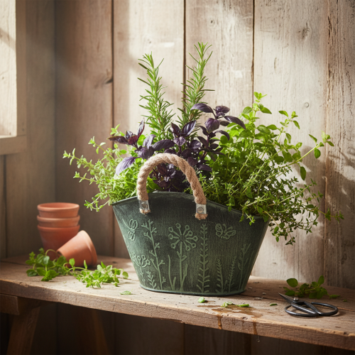 položky Květináč s uchy, taška, kov, juta, 19×13,5×13,5 cm