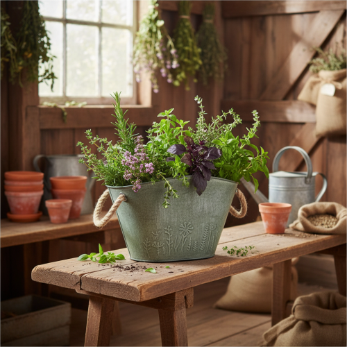 položky Květináč s uchy, taška, kov, juta, 24,5×17×15,5 cm