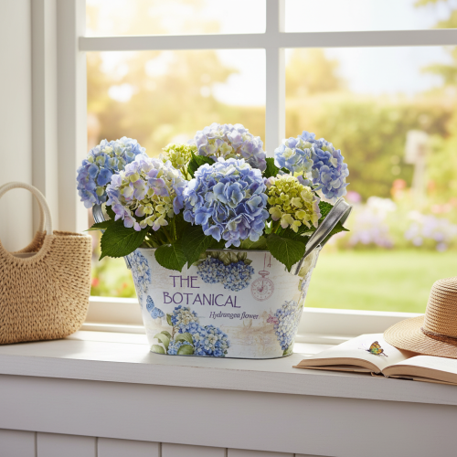 položky Květinová mísa s uchy, vzor hortenzie, kovová, 26×13×14,5 cm