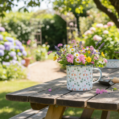 položky Smaltovaný květináč, dekorativní hrnek s květinovými motivy, Ø11cm