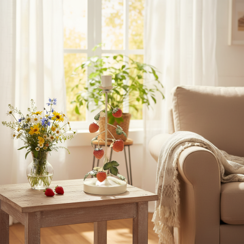 položky Kovový svícen s jahodovou dekorací, krémový, kulatý, V26cm