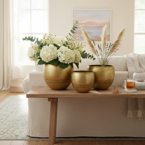 položky Dekorativní vázy s mosazným vzhledem, kovové vázy Ø18/15/12,5 cm, sada 3 kusů