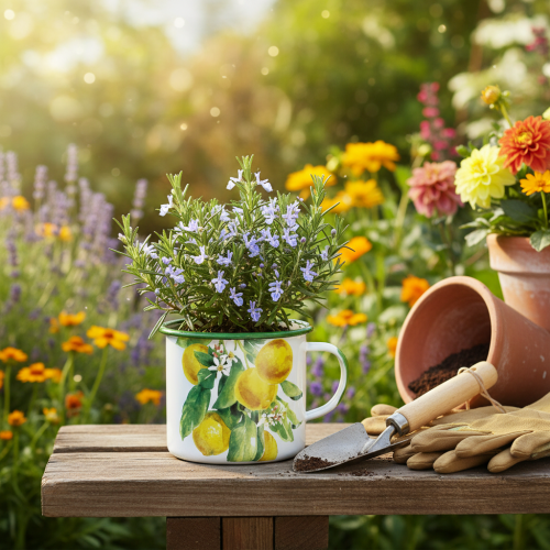 položky Smaltovaný květináč, dekorativní květináč s citronovou větvičkou, květináč ve středomořském stylu Ø9,5 cm V10 cm