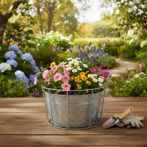 položky Drátěný květináč na sázení, pružinový koš, kov, Ø26cm