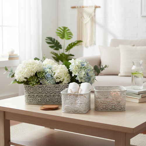 položky Kovové misky s krajkovým vzorem, dekorativní nádoba, čtvercové, shabby chic, bílé, 27/23/19 cm, V 13,5 cm, sada 3 kusů