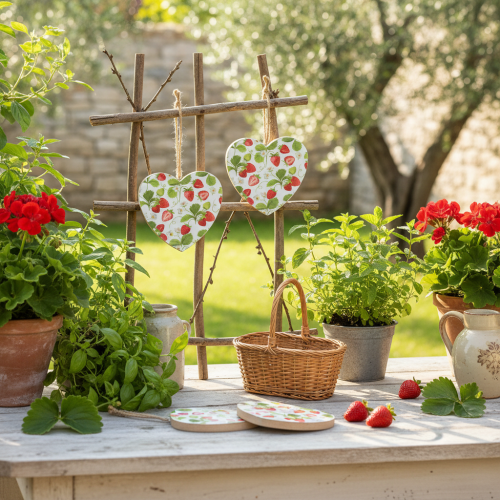 položky Dekorativní srdce s motivem jahod – Letní dřevěný přívěsek pro venkovský styl, 10 cm x 10 cm, 4 kusy