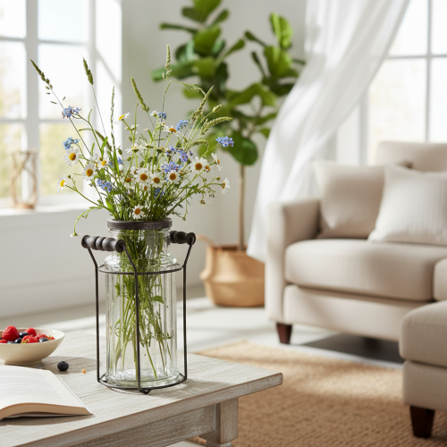 položky Skleněná láhev v kovovém košíku, ideální pro dekorativní akcenty v obývacím pokoji, 20 cm