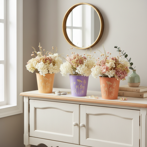 Set 3 kovových obalů na květináče s květinovým motivem, pastelové barvy, 10 cm | Floristik24.cz