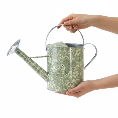 Kovová konev na zalévání, vintage vzhled, zelená a stříbrná s květinovým vzorem - dekorativní květináč, Ø18 cm | Floristik24.cz