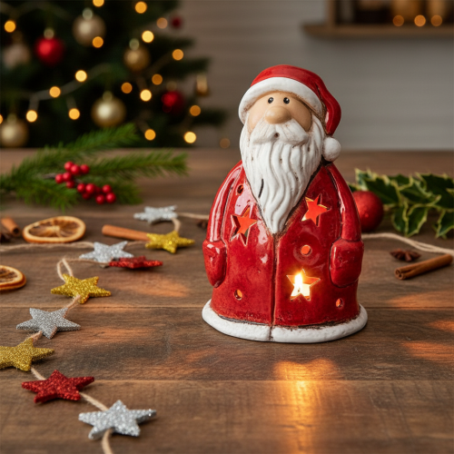 Dekorativní figurka Santa Clause jako svíčka na čajové svíčky s hvězdami, dekorace na stůl, 15 cm | Floristik24.cz