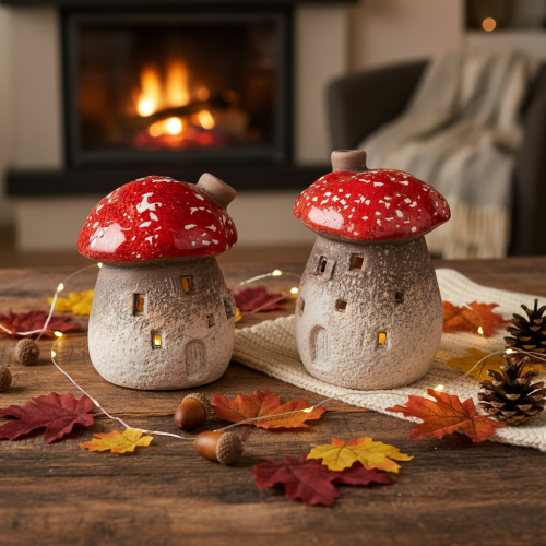 Dekorativní figurka muchomůrka s komínem, houbový domeček, světýlko, 10 cm, 2 ks | Floristik24.cz