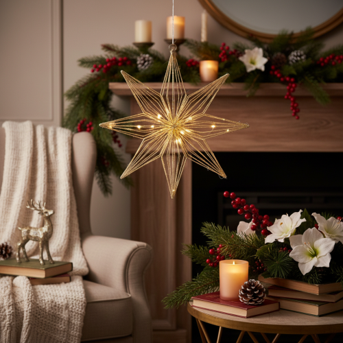 LED dekorativní hvězda z drátu k zavěšení, pro vnitřní použití, na baterie, 51 cm | Floristik24.cz
