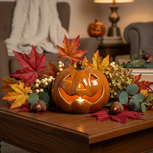 Keramická dýňová LED halloweenská dekorace malá 10 cm | Floristik24.cz