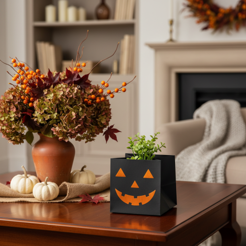 položky Papírový sáček s dýňovým obličejem, halloweenská dekorace 10 cm, 6 ks
