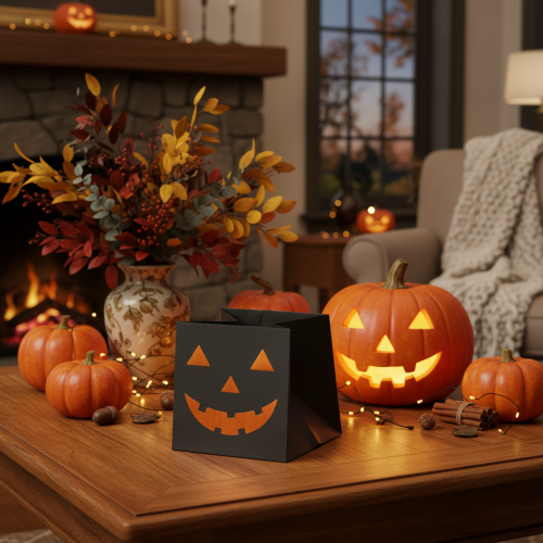položky Papírový sáček s dýňovým obličejem, halloweenská dekorace 10 cm, 6 ks